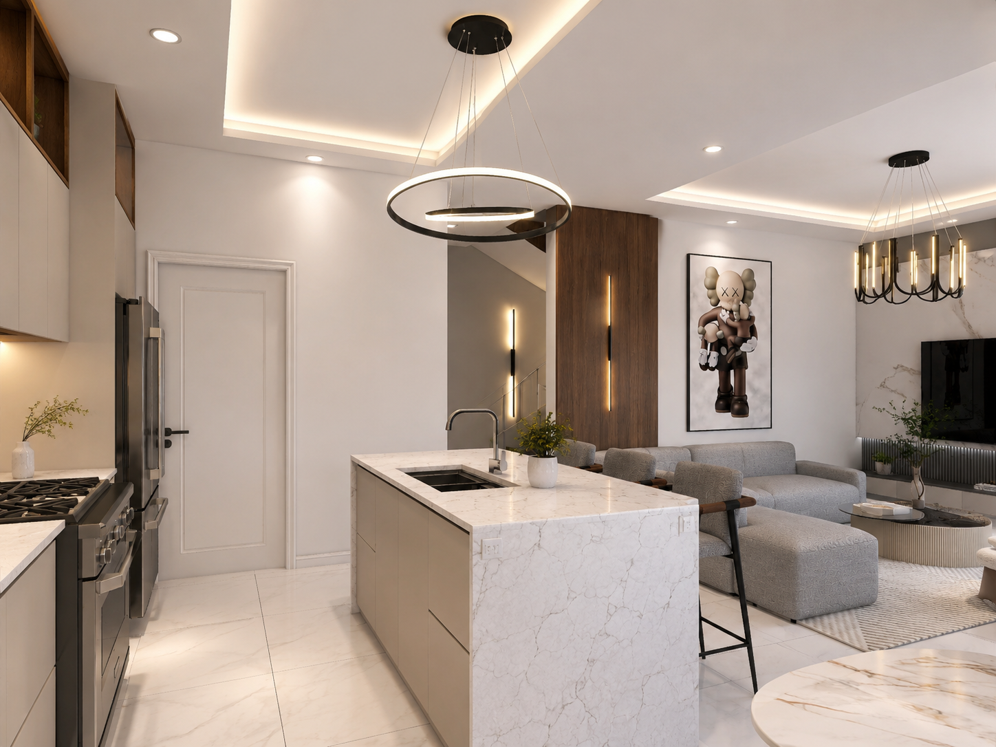 The Meridian condo living room, kitchen and breakfast bar, daytime